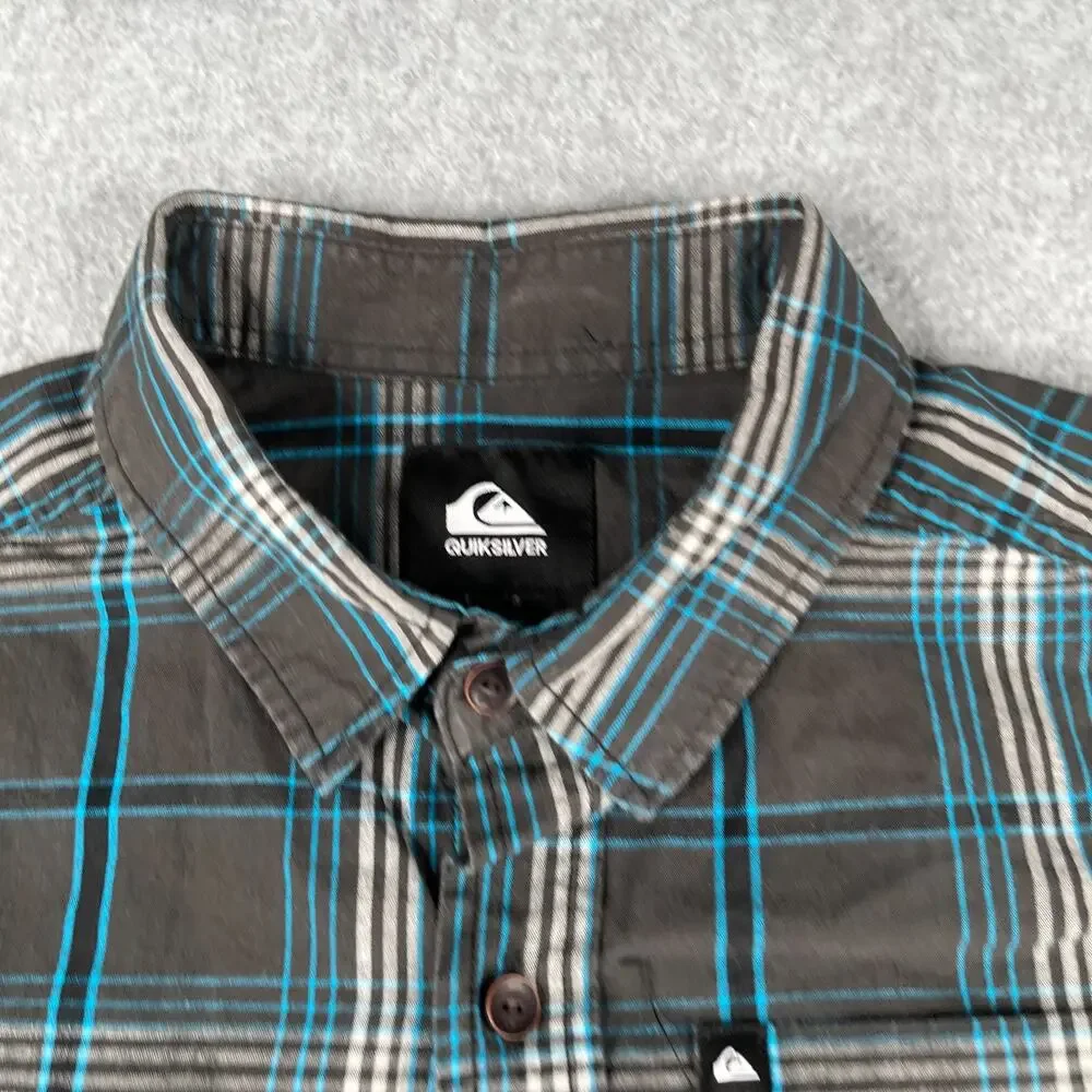 Quiksilver Shirt Youth Large Gray Blue Plaid Casual Pocket Beach Button Down